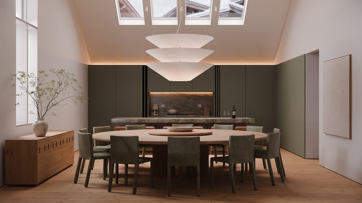 Vail Village Plaza — dining room with skylit vaulted ceilings